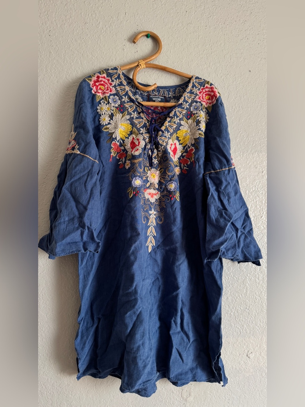 JOHNNY WAS Workshop Floral Embroidered Blue Linen Dress